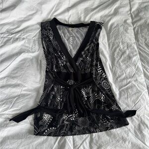 L8ter Black & White Floral Sheer Wrap Top – Size S, Adjustable Waist, V-Neck